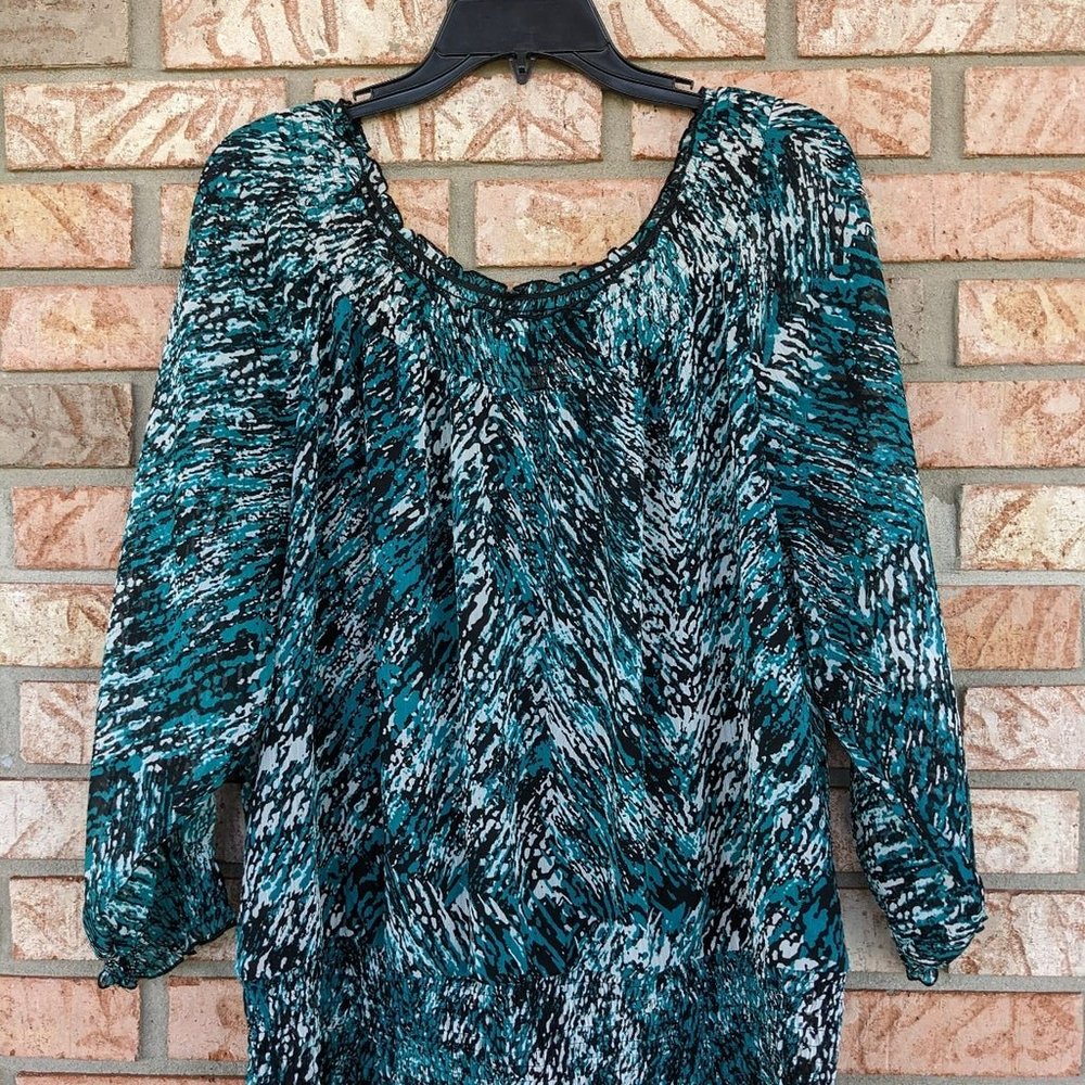 Cato-Woman Plus Blouse-Green/Black/White-Smock Neck/Waist-3/4 Sleeve-Size 18/20W